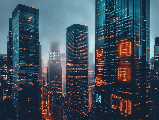 A futuristic cityscape with tech logos projected on skyscrapers