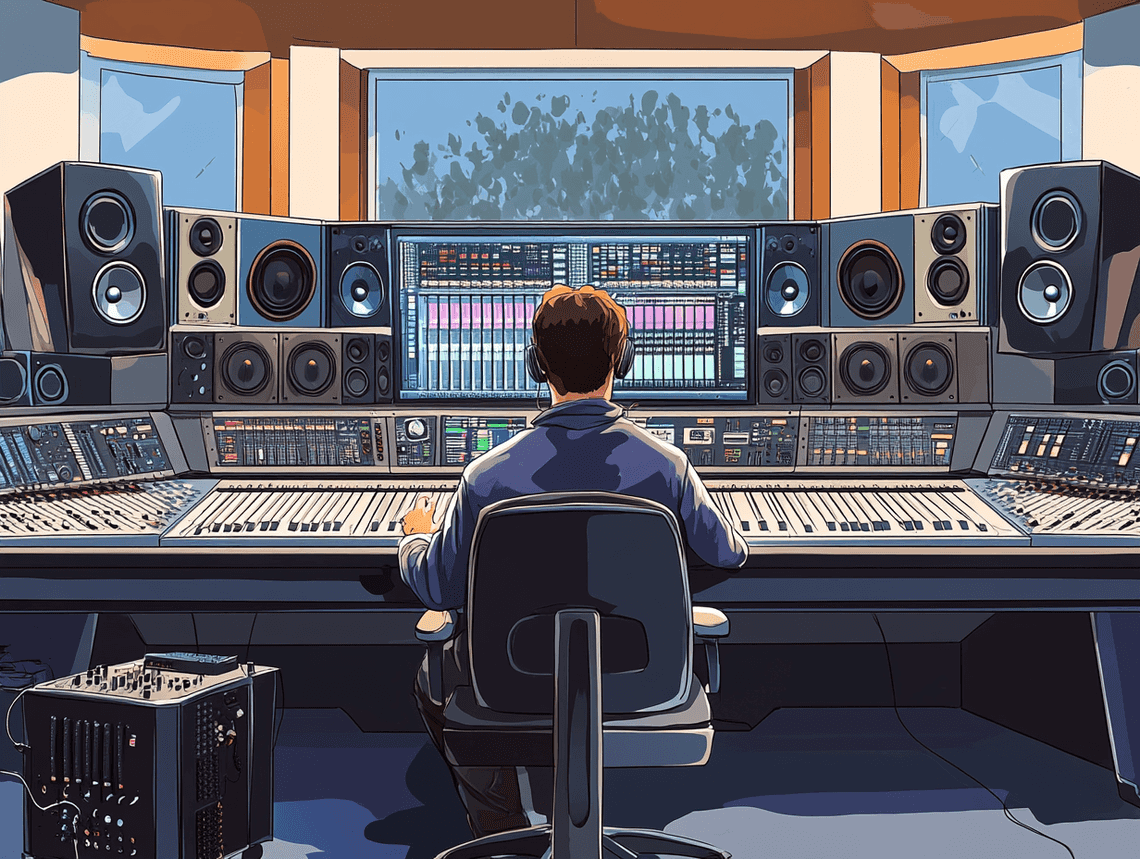 A musician recording vocals in a home studio, with a microphone and laptop running audio production software