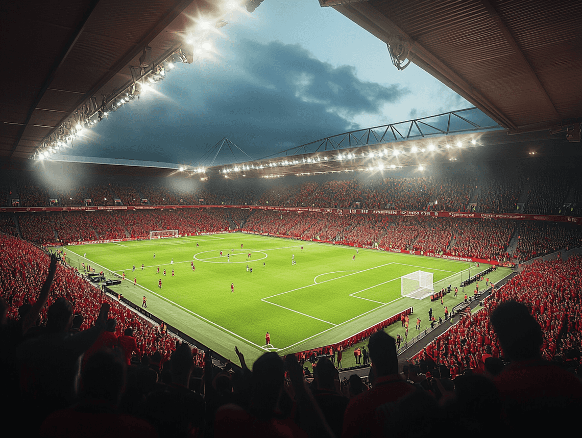 A football stadium illuminated at night, with fans cheering in the stands