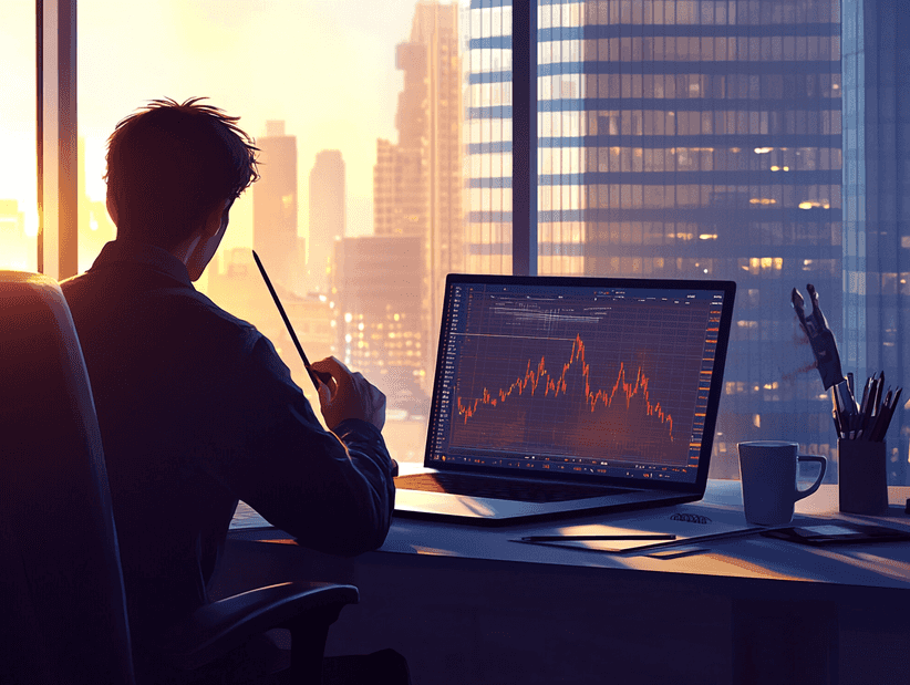 A stock market graph showing fluctuating trends