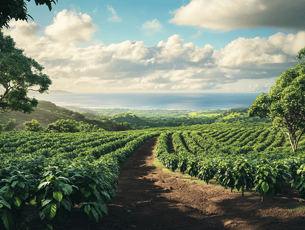 A coffee plantation in Kona with rows of coffee plants and a view of the ocean in the distance