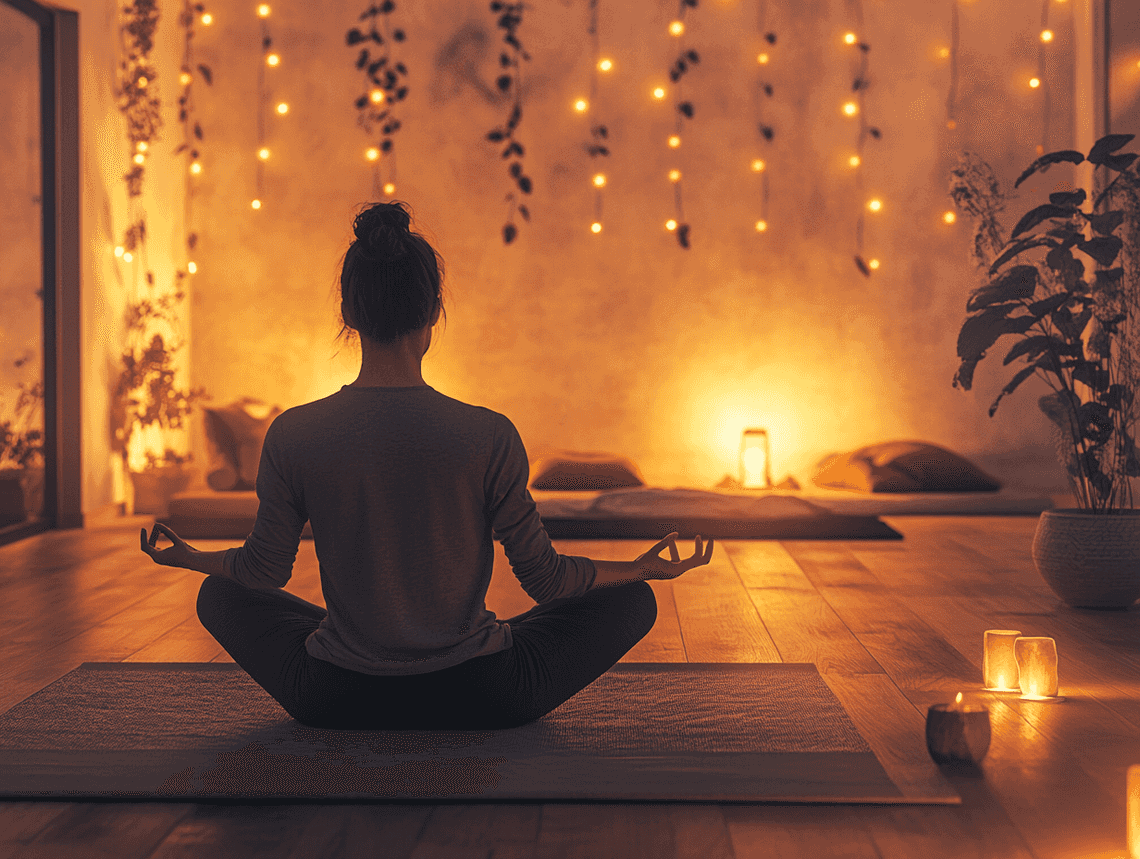 A person performing a seated spinal twist in a cozy yoga studio