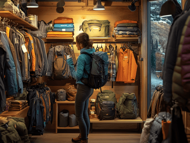 A person trying on hiking boots in a store