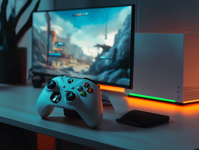 A sleek gaming controller resting on a modern desk setup with a glowing Xbox console in the background