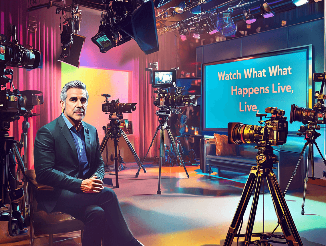 Andy Cohen on a modern TV set, surrounded by cameras and crew