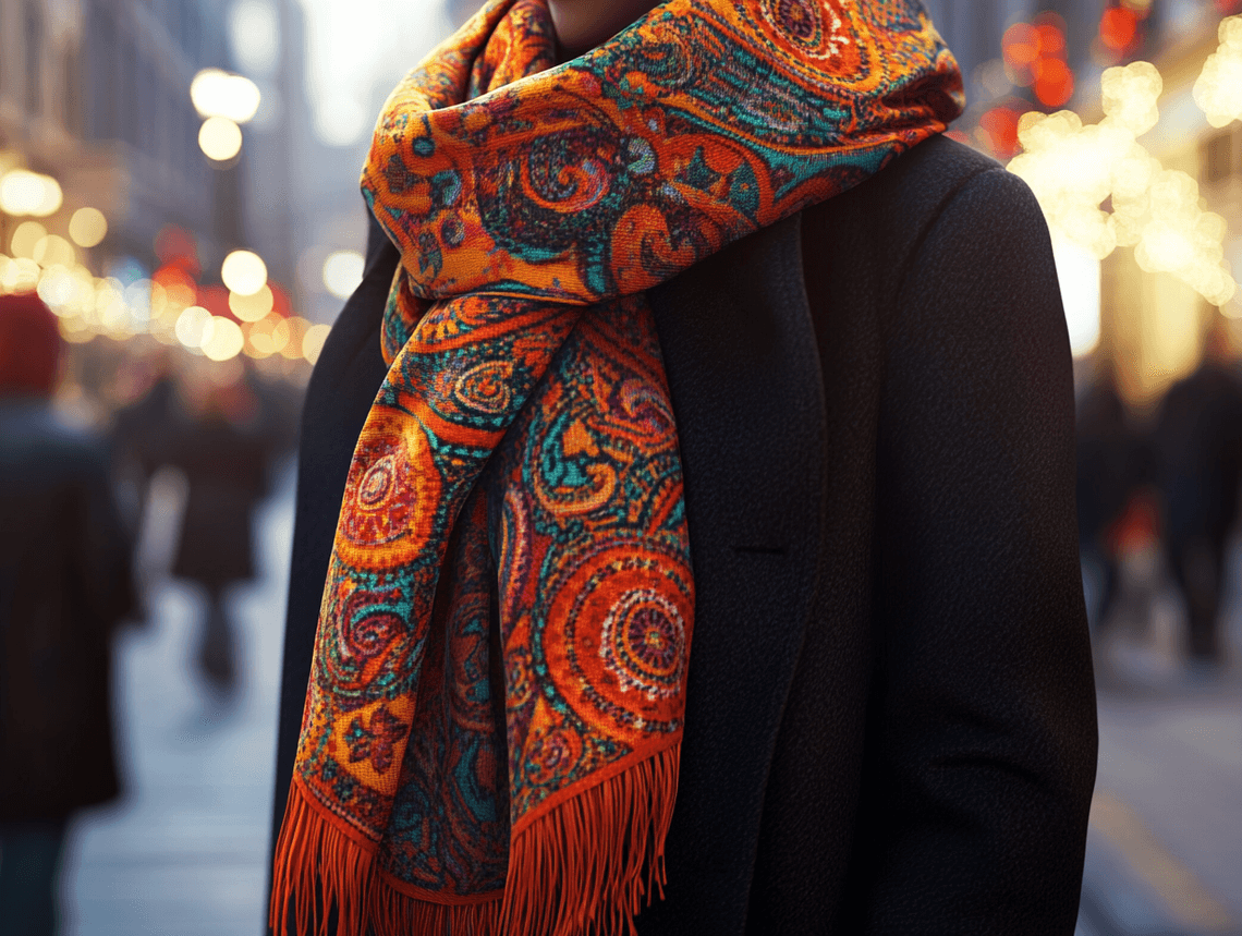 A stylish woman wearing an oversized scarf draped over a long winter coat, walking through a snowy city street