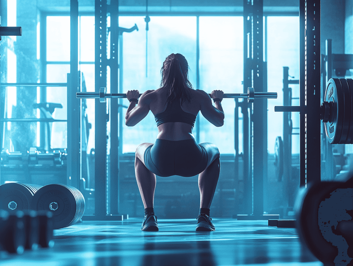 A person performing squats with weights in a brightly lit gym