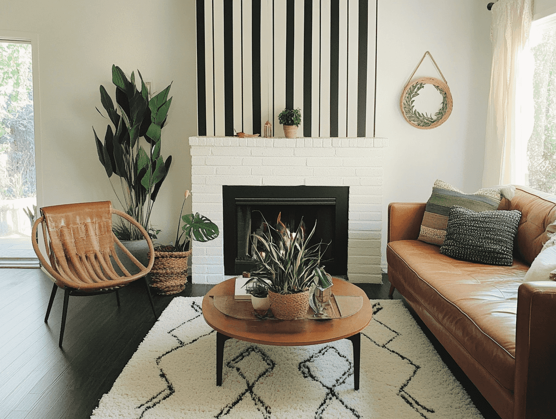 A beautifully designed living room with a bold striped fireplace and green accents