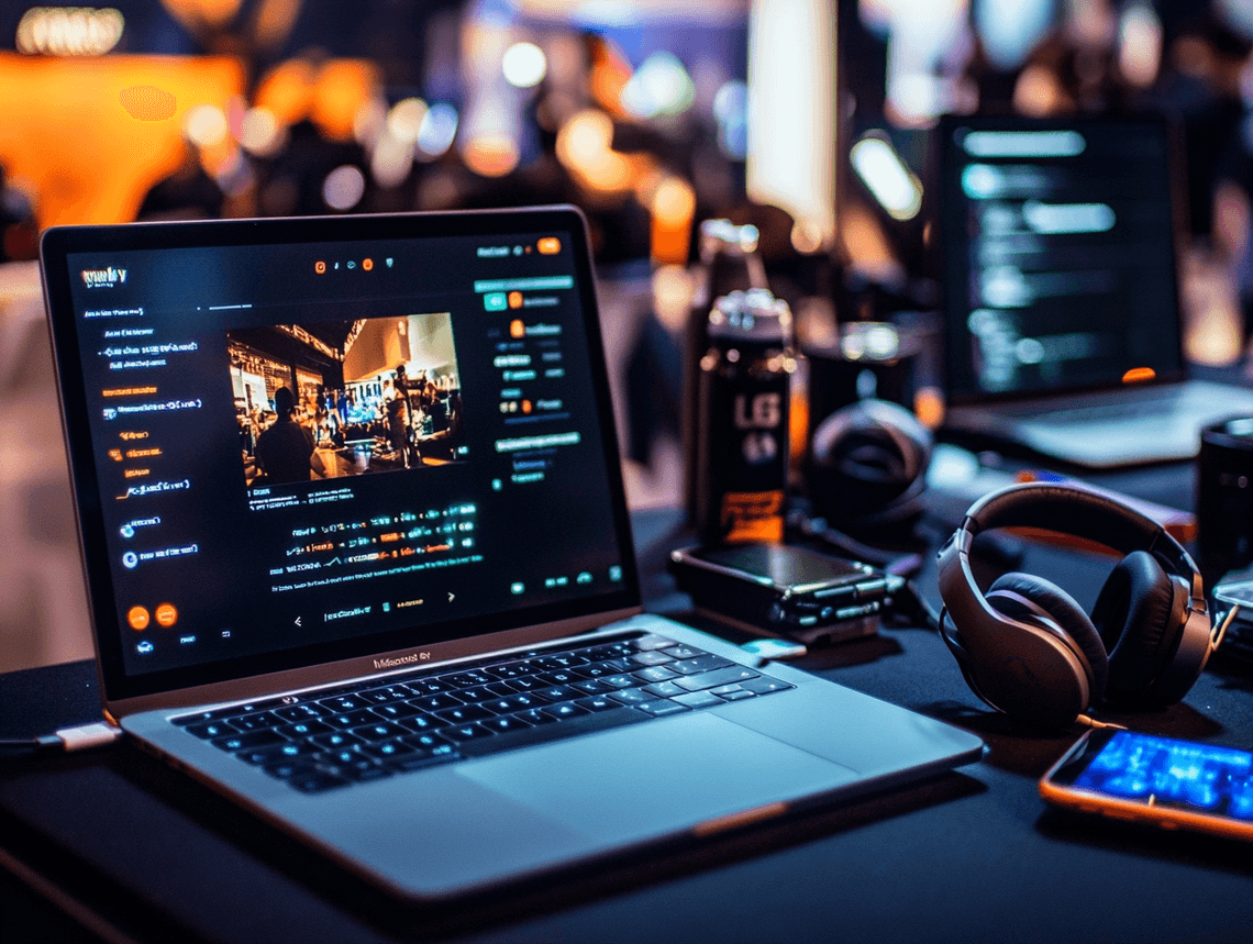 A modern living room setup with a large smart TV streaming a live tech event