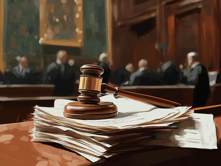 A courtroom with a gavel and legal documents