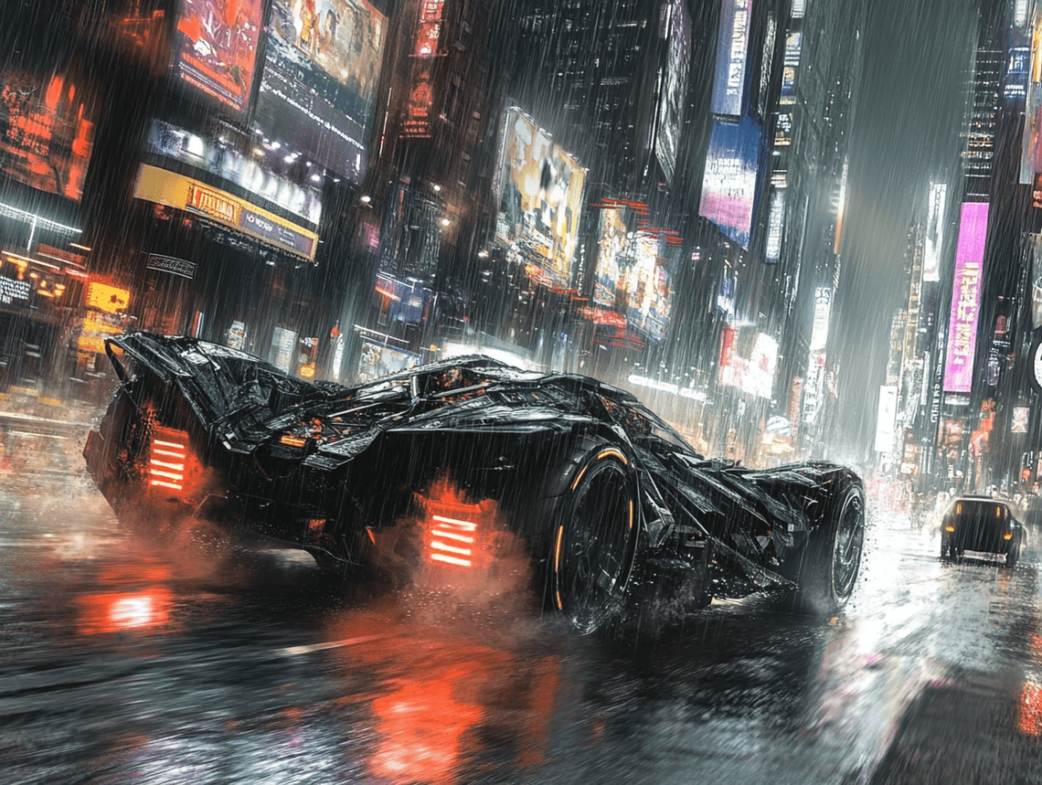 A stunning view of Gotham City at night, with the Bat-Signal lighting up the sky