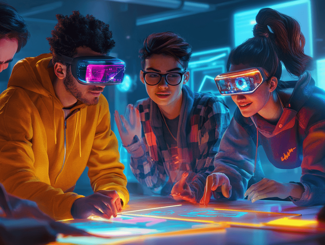 A diverse group of young adults brainstorming in a futuristic workspace, symbolizing collaboration and innovation