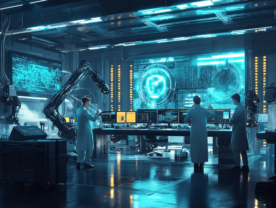 A team of investors analyzing AI-driven market trends on a large screen