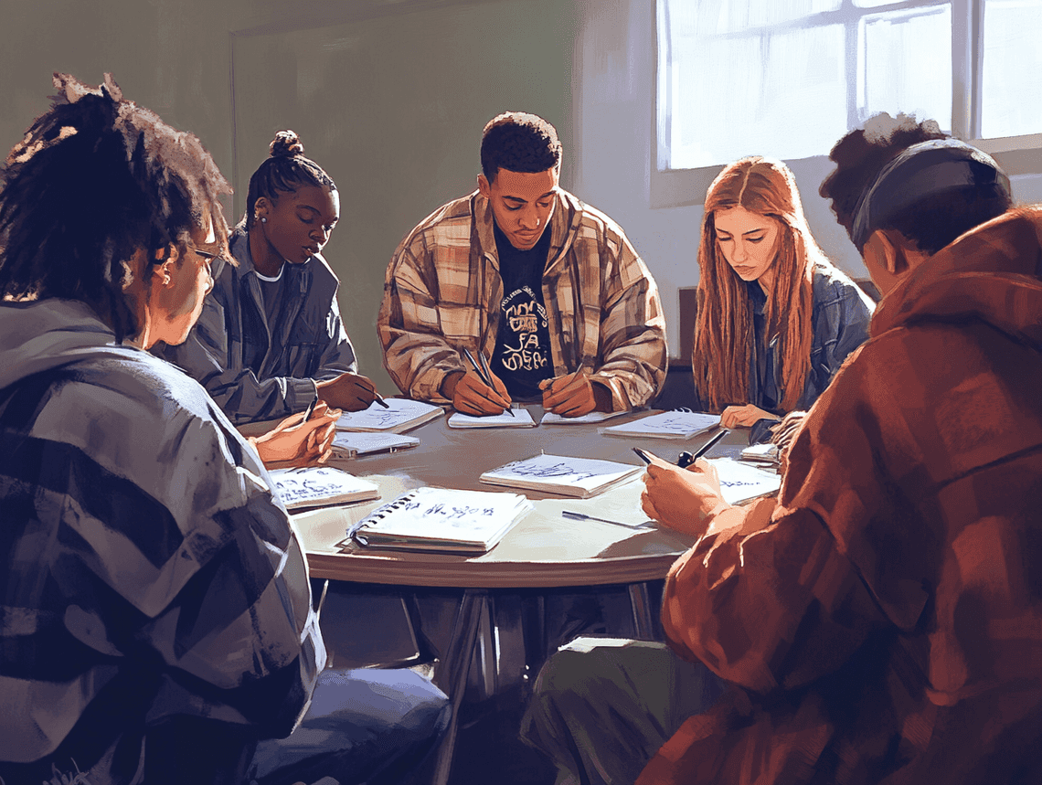 Lupe Fiasco teaching in a classroom setting, engaging with students
