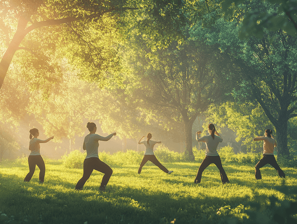 A person stretching outdoors in the morning, surrounded by nature