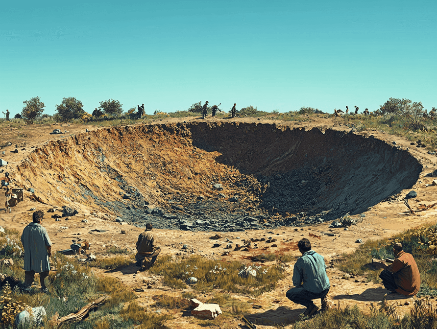 A crater in the ground caused by the impact of space debris, with villagers inspecting the site