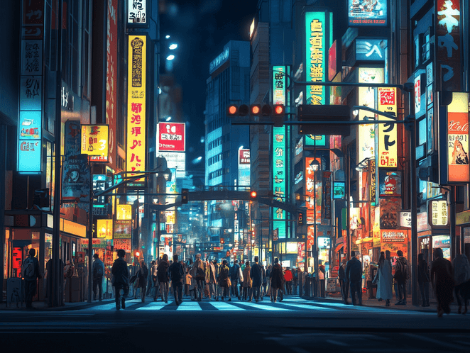 A vibrant street in Tokyo with neon lights and bustling crowds