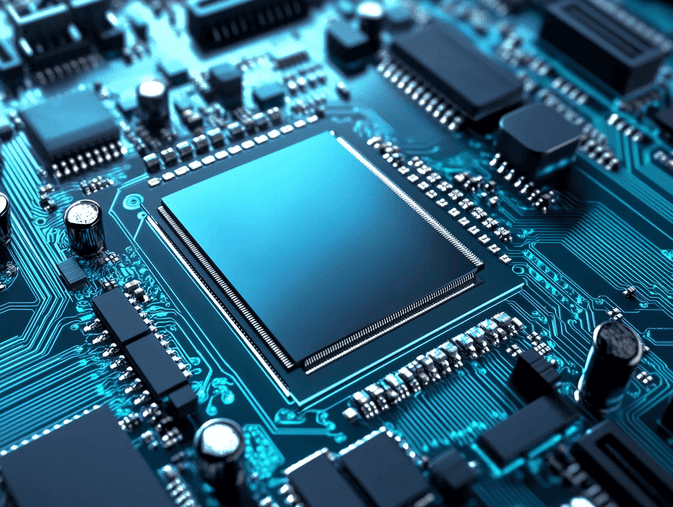 A futuristic workspace with AI tools and advanced hardware