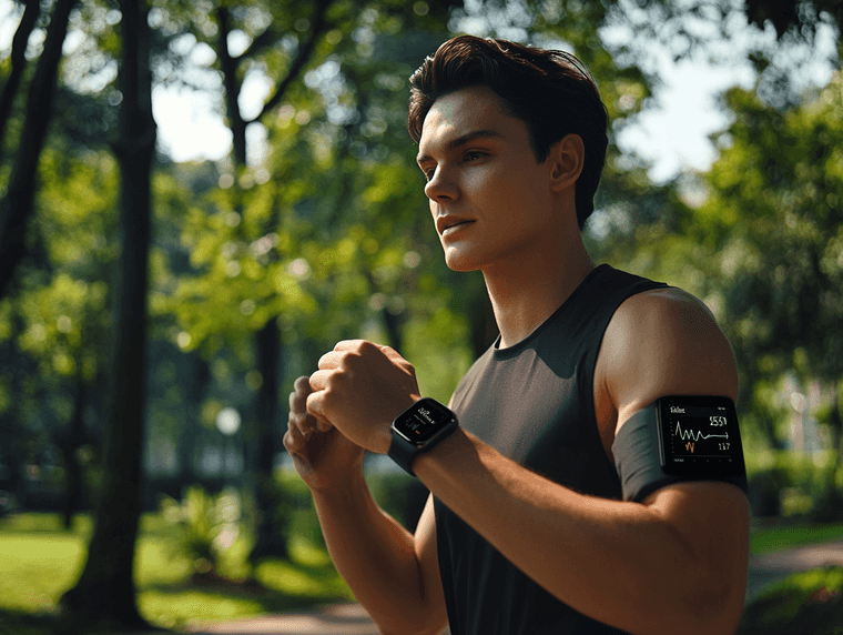 A man wearing a smartwatch while jogging in the park