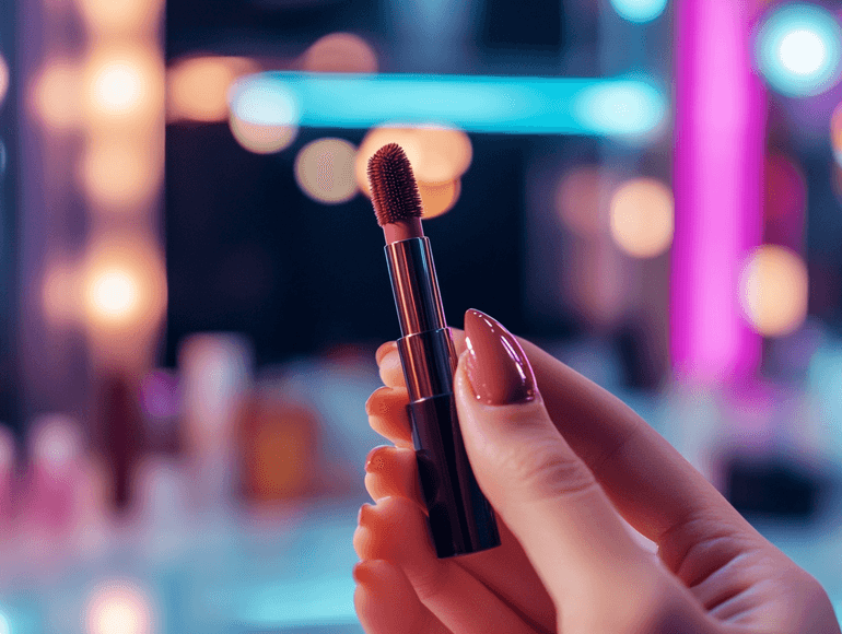 A flat lay of makeup essentials featuring the Teddy lip tint, a compact mirror, and a bouquet of dried flowers