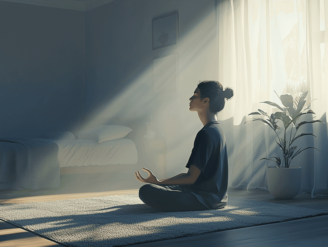 A cozy bedroom setup with soft lighting and a comfortable bed