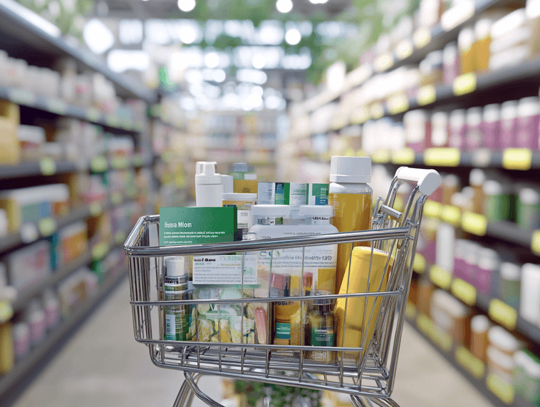 A shopping cart filled with wellness products like vitamins, teas, and skincare