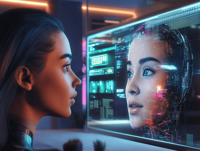 A person interacting with a lifelike AI assistant on a screen