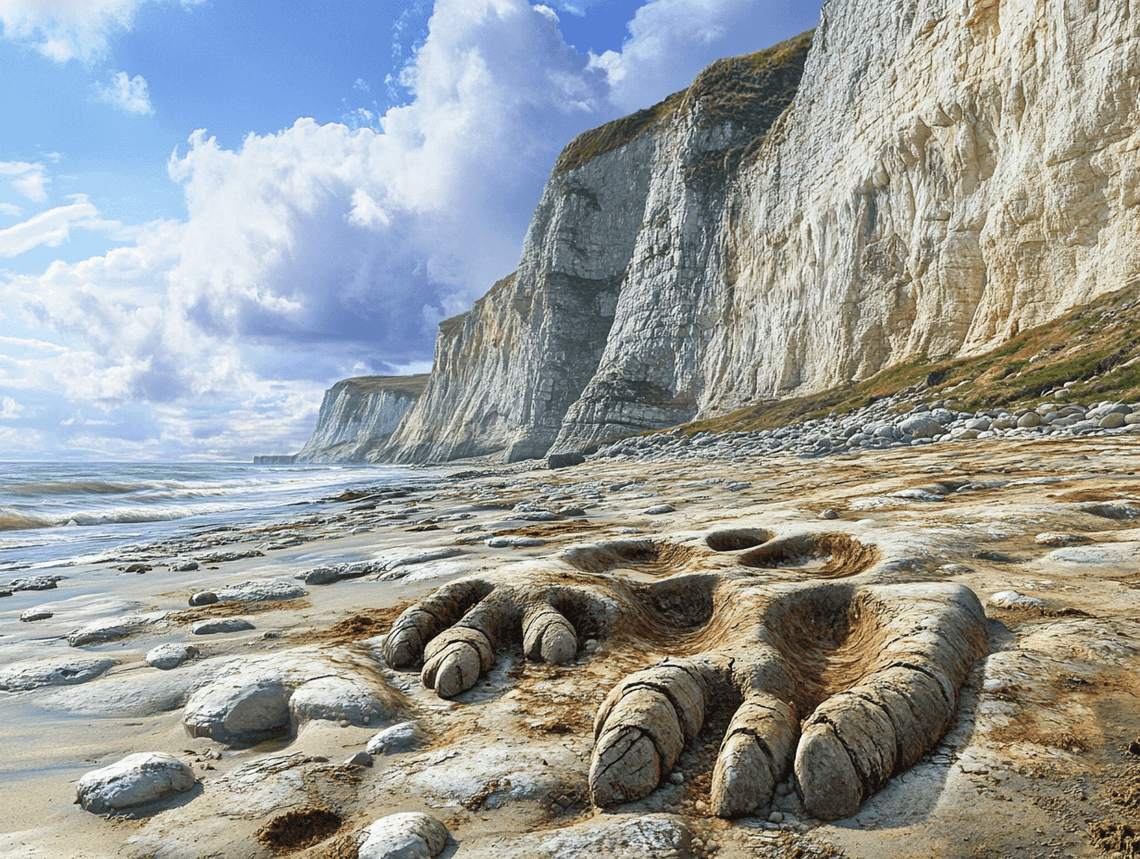 A stunning coastline with visible dinosaur footprints embedded in rock