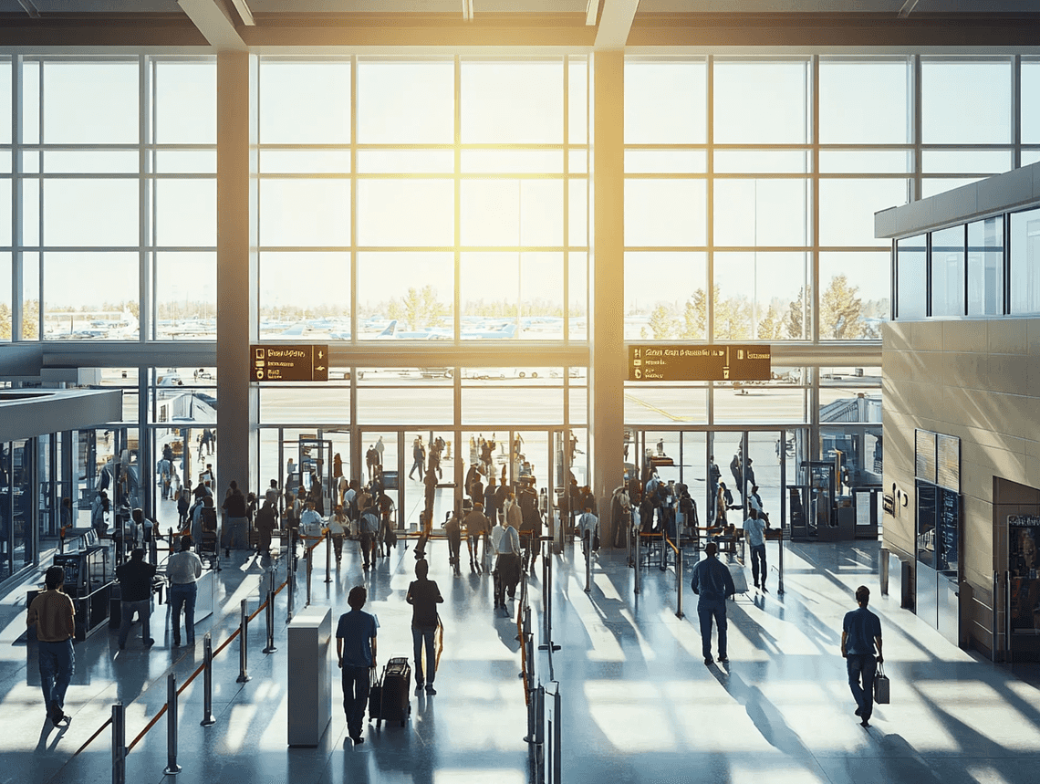 A bustling airport terminal with passengers moving efficiently through security