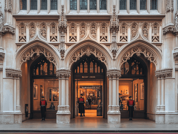 A historic view of Burlington Arcade with luxury boutiques and elegant architecture
