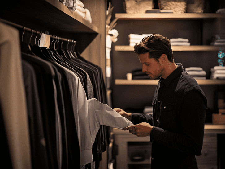 A stylish woman wearing a Frank and Eileen button-up shirt while holding shopping bags