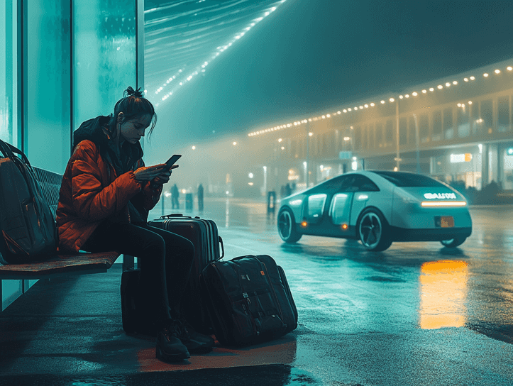 An empty driverless car interior with a futuristic dashboard