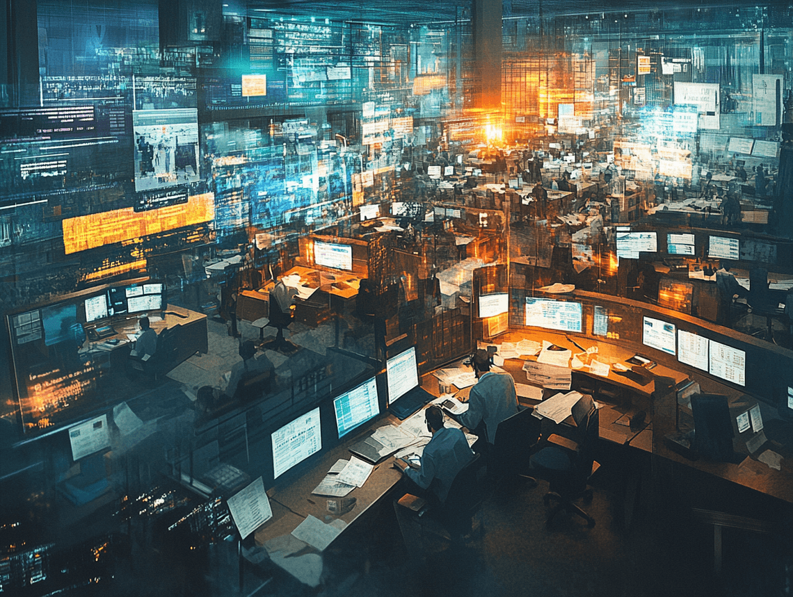 A photorealistic image of a bustling newsroom with reporters working on breaking news