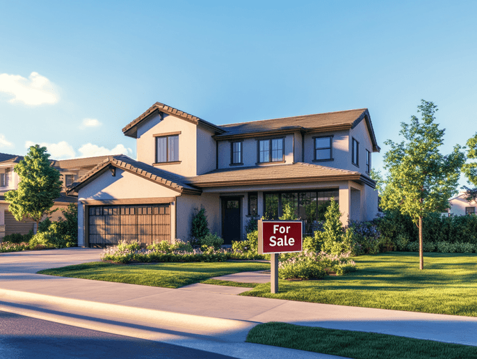 A modern home with a "For Sale" sign in front of it