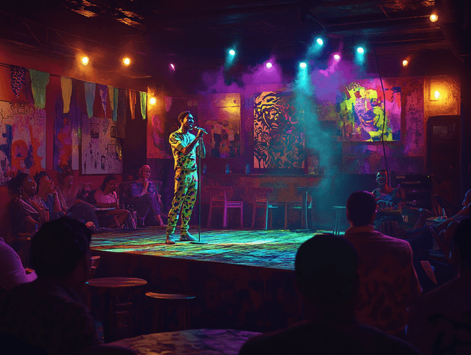 A lively street scene with Dominican flags and vibrant colors, symbolizing cultural pride