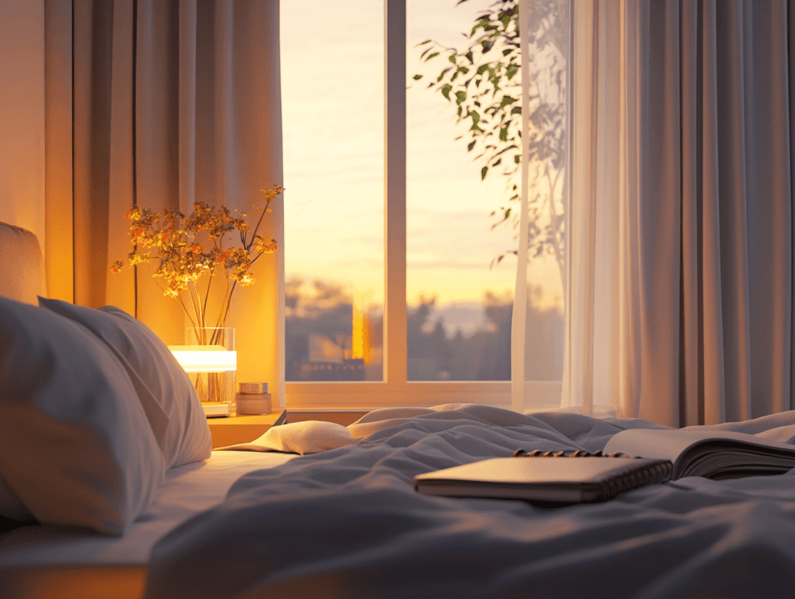 A person meditating in a serene bedroom setting