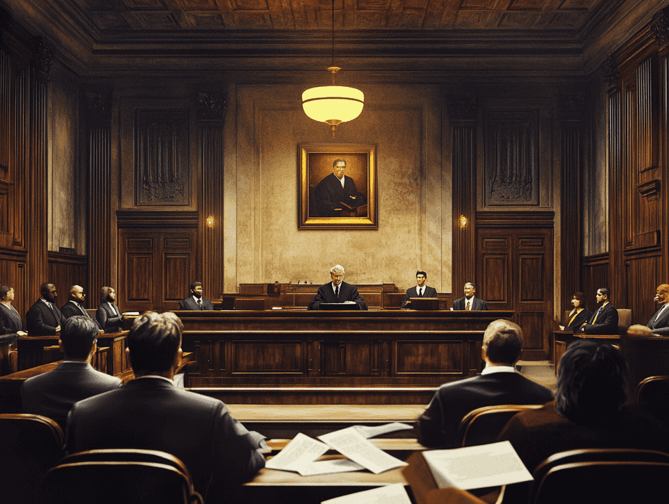 A symbolic image of the scales of justice against a dramatic backdrop