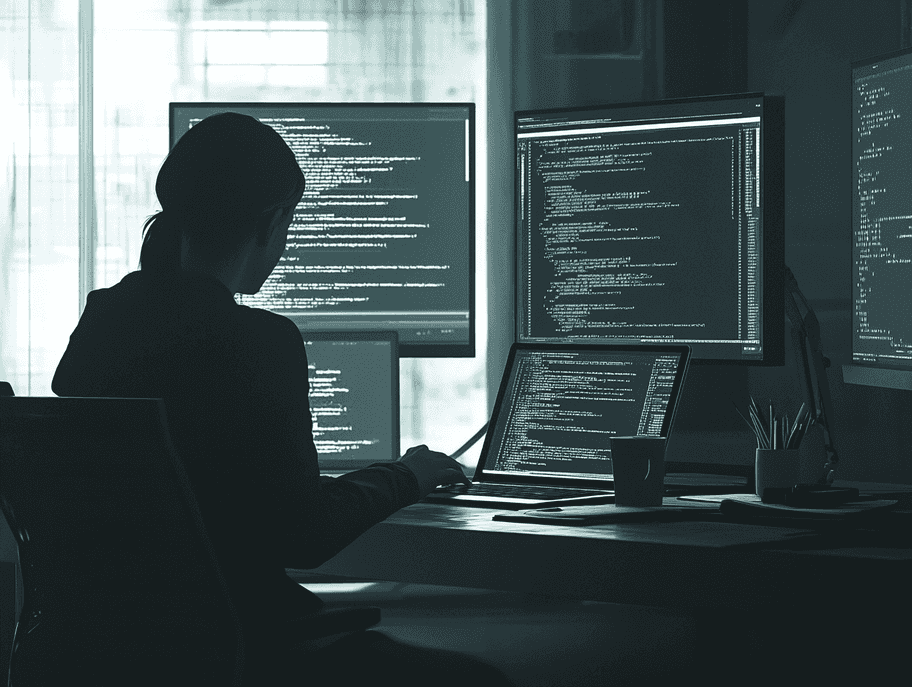 A developer working on a laptop with code on the screen, symbolizing version control