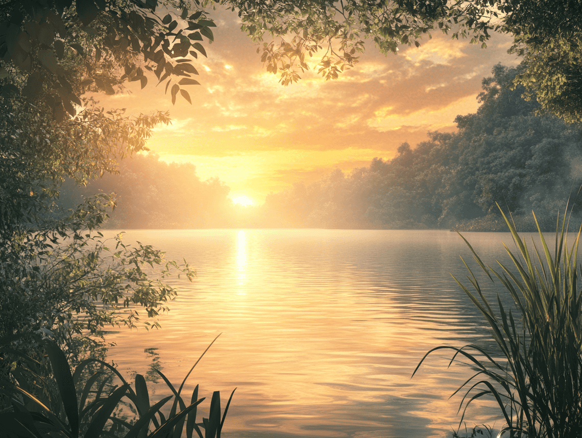 A serene sunrise over a peaceful landscape, symbolizing new beginnings and wellness