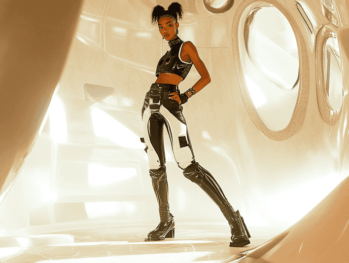 A close-up of Willow Smith in a futuristic outfit, symbolizing her innovative approach to art and fashion