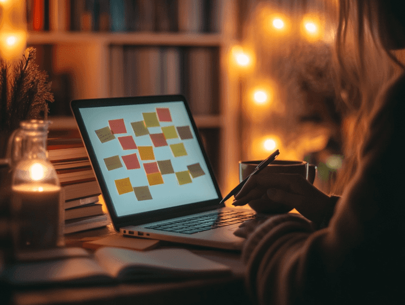 A person working on a laptop with sticky notes neatly arranged on the screen