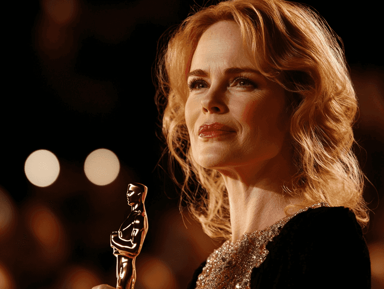 A close-up of Nicole Kidman holding an award, looking emotional as she speaks to the audience