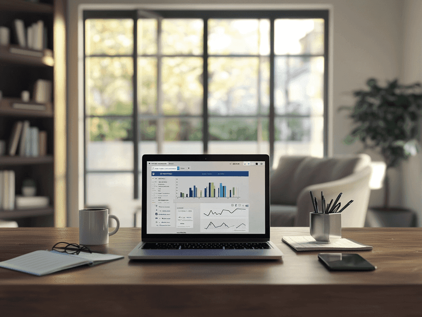 A modern home office setup with financial planning tools on a laptop