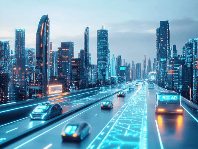 A futuristic cityscape powered by AI technology, symbolizing Nvidia's impact