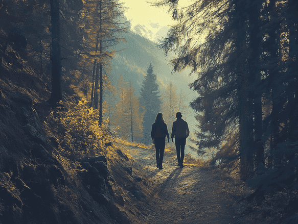 Two people standing on a mountain summit, celebrating their journey together