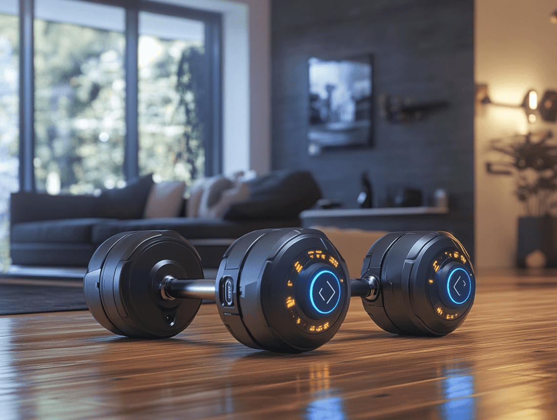 A modern home gym setup featuring adjustable dumbbells and other compact equipment