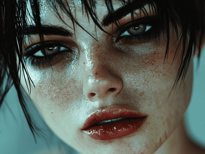 A model with metallic eyeshadow and holographic highlighter, showcasing futuristic glam makeup