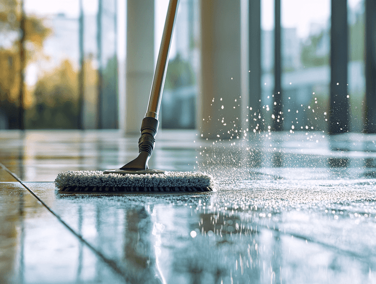 A close-up of the mop’s spray system in action on a hardwood floor