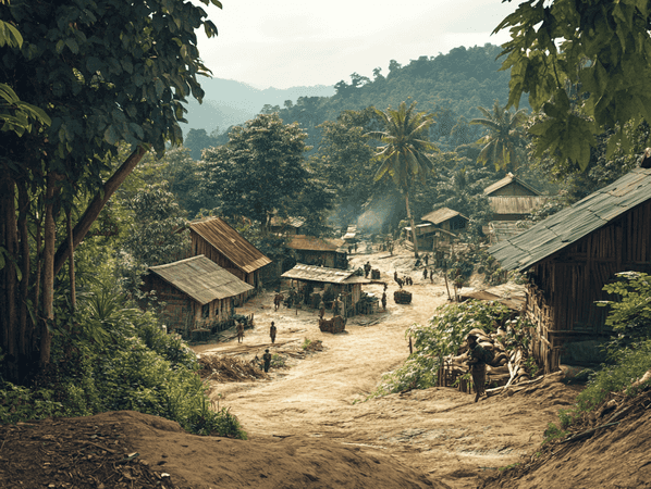 A tense scene of armed resistance in a rural Myanmar village, symbolizing the ongoing civil war.