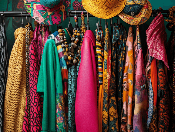 A maximalist wardrobe featuring vibrant colors and bold patterns